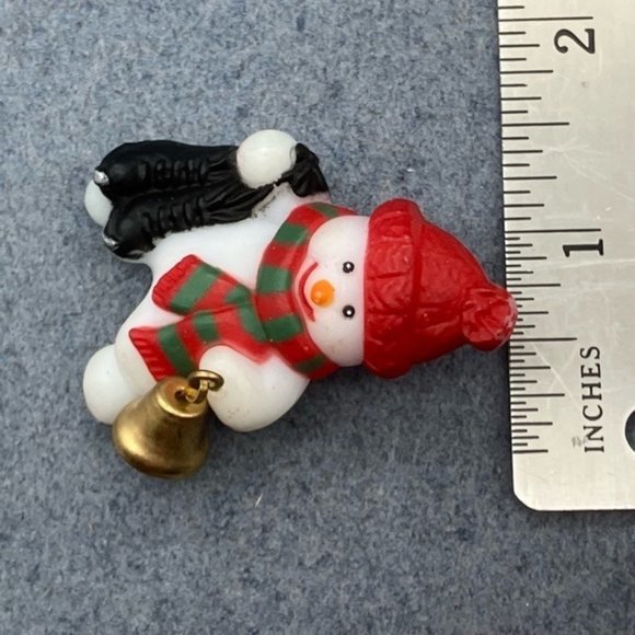 Christmas Pin Brooch Snowman White Gold Bell Red Hat Green Scarf Ice Skates - Picture 5 of 6